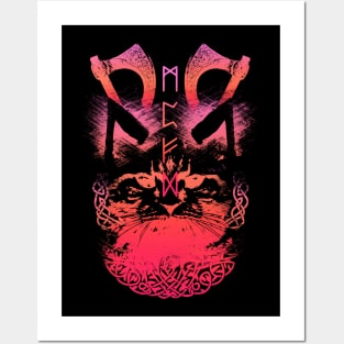 Abstract Cat in Viking Style - Pink/Red Posters and Art